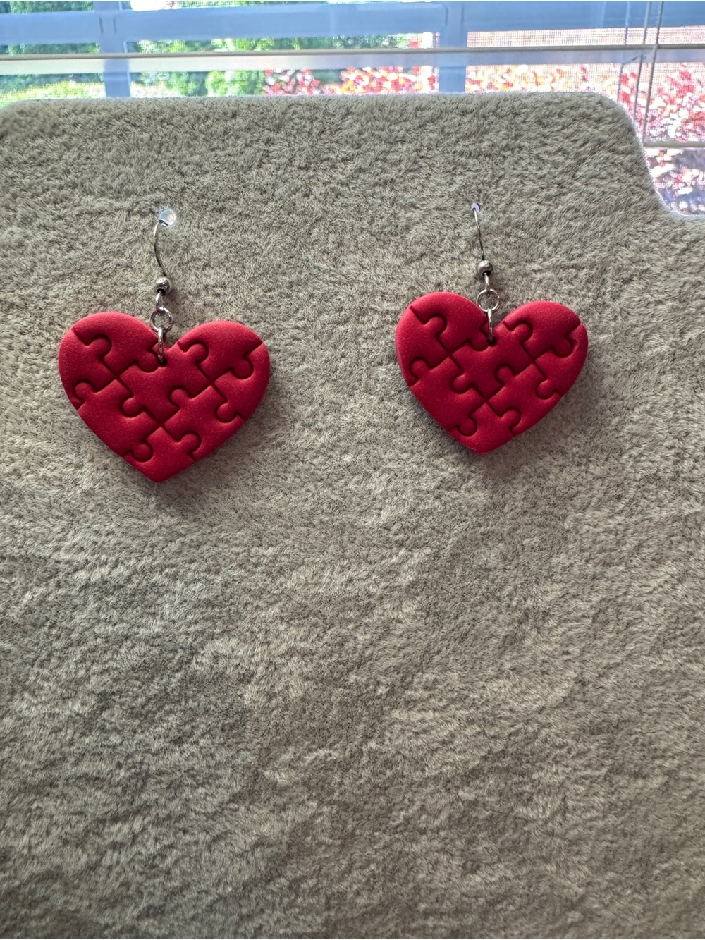 NWOT Red Heart Puzzle Earrings Artisan Made of Polymer